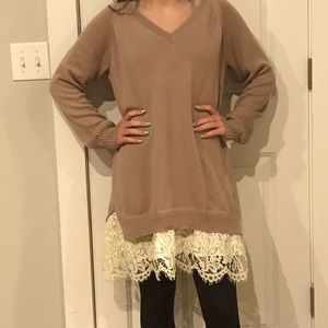 Long sweater dress with cream lace detail